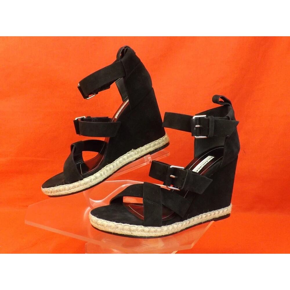 NIB BALENCIAGA BLACK SUEDE BUCKLE ANKLE STRAP ESPADRILLE WEDGE SANDALS 41 $620 - Picture 8 of 10